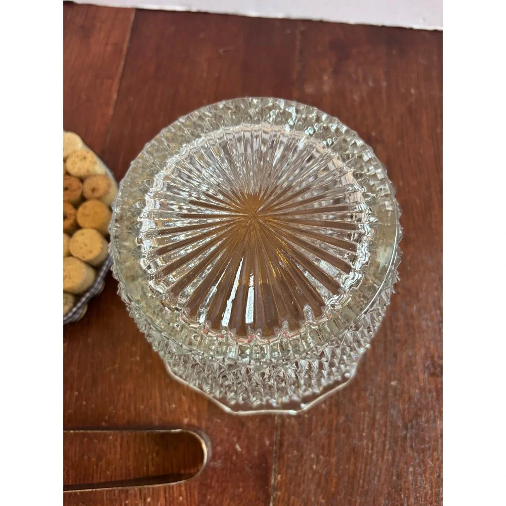 Vintage Diamond Point Pressed Glass Ice Bucket with Silver Tone Claw Tongs Set